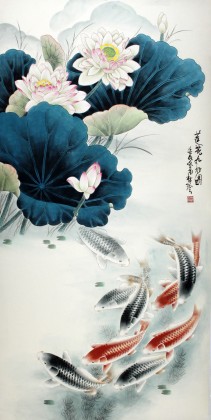河南美协董书林风水九鱼图《莲花九如图》