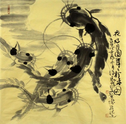 QA著名禅意画家周自豪四尺斗方卧室水墨鱼《花好月圆年年有余》(询价)