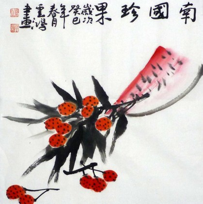 【已售】黄云鸿小品斗方餐厅果蔬画《南国珍果》