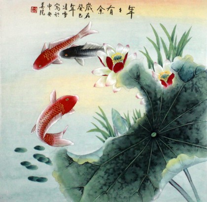 【已售】凌雪四尺斗方鲤鱼荷花图《年年有余》