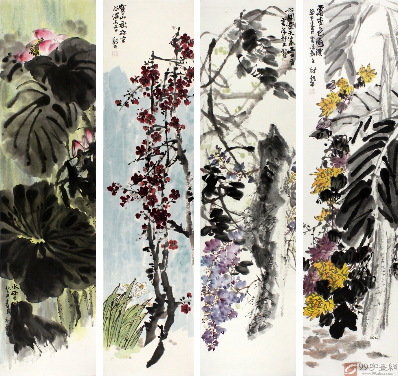中国古美術☆純手描き花鳥四条屏・牡丹画芯☆国画・王雪涛印