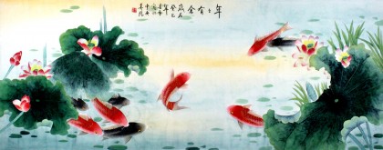 【已售】凌雪小六尺荷花九鲤图《年年有余》