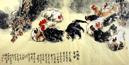 王向阳四尺《九鸡卧雪图》 中国美术家协会会员