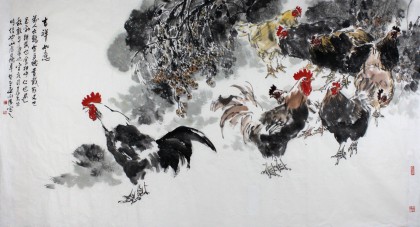 王向阳六尺精品国画雄鸡图《吉祥如意》 