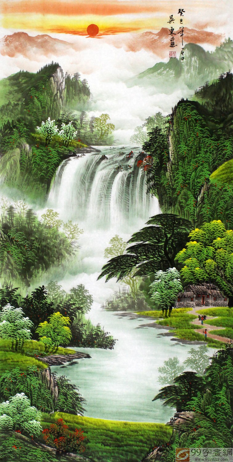 入園入学祝い 日出瀑布山水画气壮山河- 聚宝盆山水画- 99字画网 小物入れ