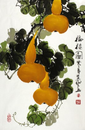 四尺三开风水葫芦国画《福禄图》