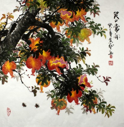 【已售】四尺斗方国画石榴《笑口常开》