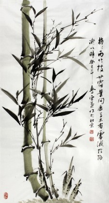 何华贤三尺国画《梢梢两竹枝》