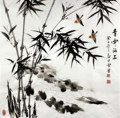 何华贤墨竹双雀装饰国画青云路上- 竹子画- 99字画网