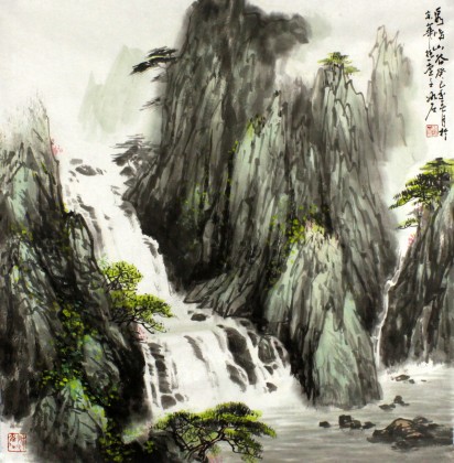 山水画协会副主席程冰石四尺斗方《泉鸣山谷》