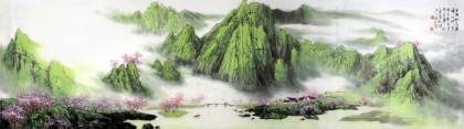 山水画家程冰石八尺对开《在那桃花盛开的地方》