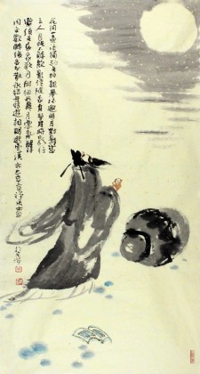 【已售】当代著名禅意画家周自豪三尺《花间一壶酒》(询价)