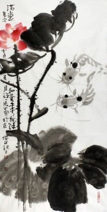 【已售】当代著名禅意画家周自豪三尺国画荷花图《年年有余》(询价)