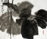 【已售】当代著名禅意画家周自豪三尺国画荷花图《年年有余》(询价)