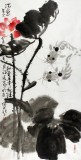 【已售】当代著名禅意画家周自豪三尺国画荷花图《年年有余》(询价)