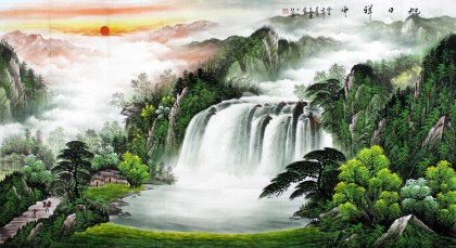 【已售】实力派画家吴东六尺聚宝盆《旭日祥云》