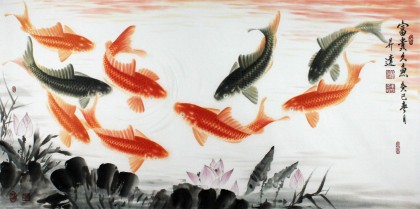 中国画院画家周升达四尺九鱼图《富贵久鱼》