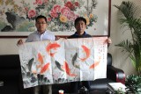 【已售】中国画院周升达四尺九鱼图《鱼跃龙门》