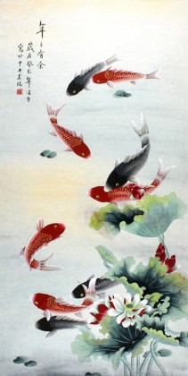 【已售】北京美协凌雪四尺荷花九鱼图《年年有余》