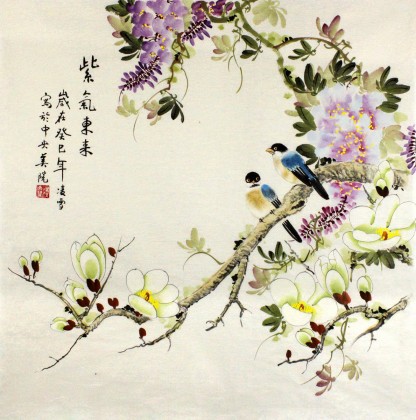 【已售】北京美协凌雪四尺斗方国画紫藤《紫气东来》