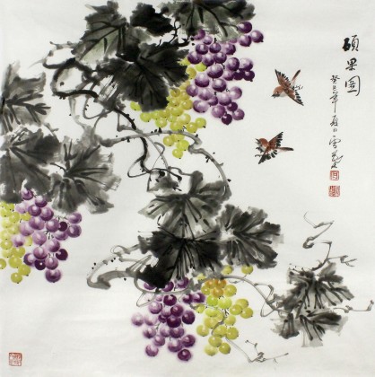 【已售】安徽美协何华贤四尺斗方葡萄《硕果图》