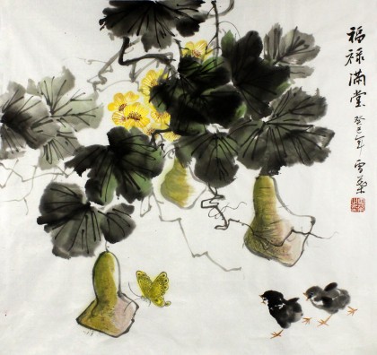 安徽美协何华贤三尺斗方国画葫芦《福禄满堂》
