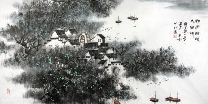 北京美协张春奇四尺山水《细雨轻梳太湖情》
