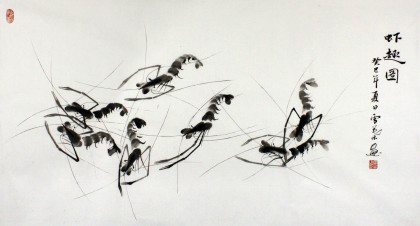 【已售】安徽美协何华贤三尺国画虾《虾趣图》（询价）
