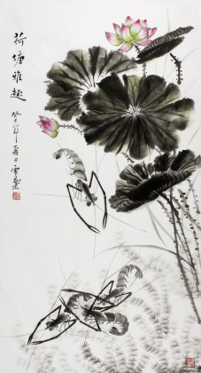 中国水墨画　荷塘 清趣 鳥　蓮花　紙本肉筆 中国水墨画 荷塘 清趣 鳥 蓮花 紙本肉筆