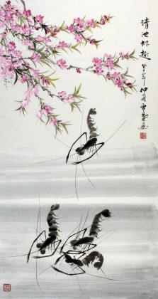 安徽美协何华贤三尺桃花墨虾图《清池虾趣》