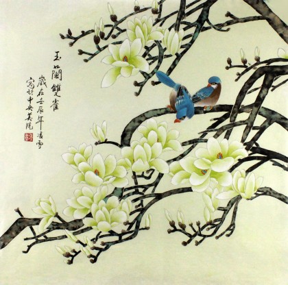 凌雪家居装饰花鸟画玉兰双雀- 花鸟画- 99字画网