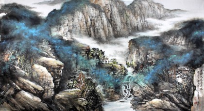 名家郑庆年六尺山水画作品《淡烟流水画屏幽》