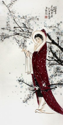 【已售】南海禅寺 妙林居士 三尺写意仕女图《踏雪寻梅》