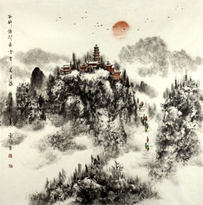 【已售】水墨名家赵金鸰太行雪村系列四尺斗方《谷静钟声远》(询价)