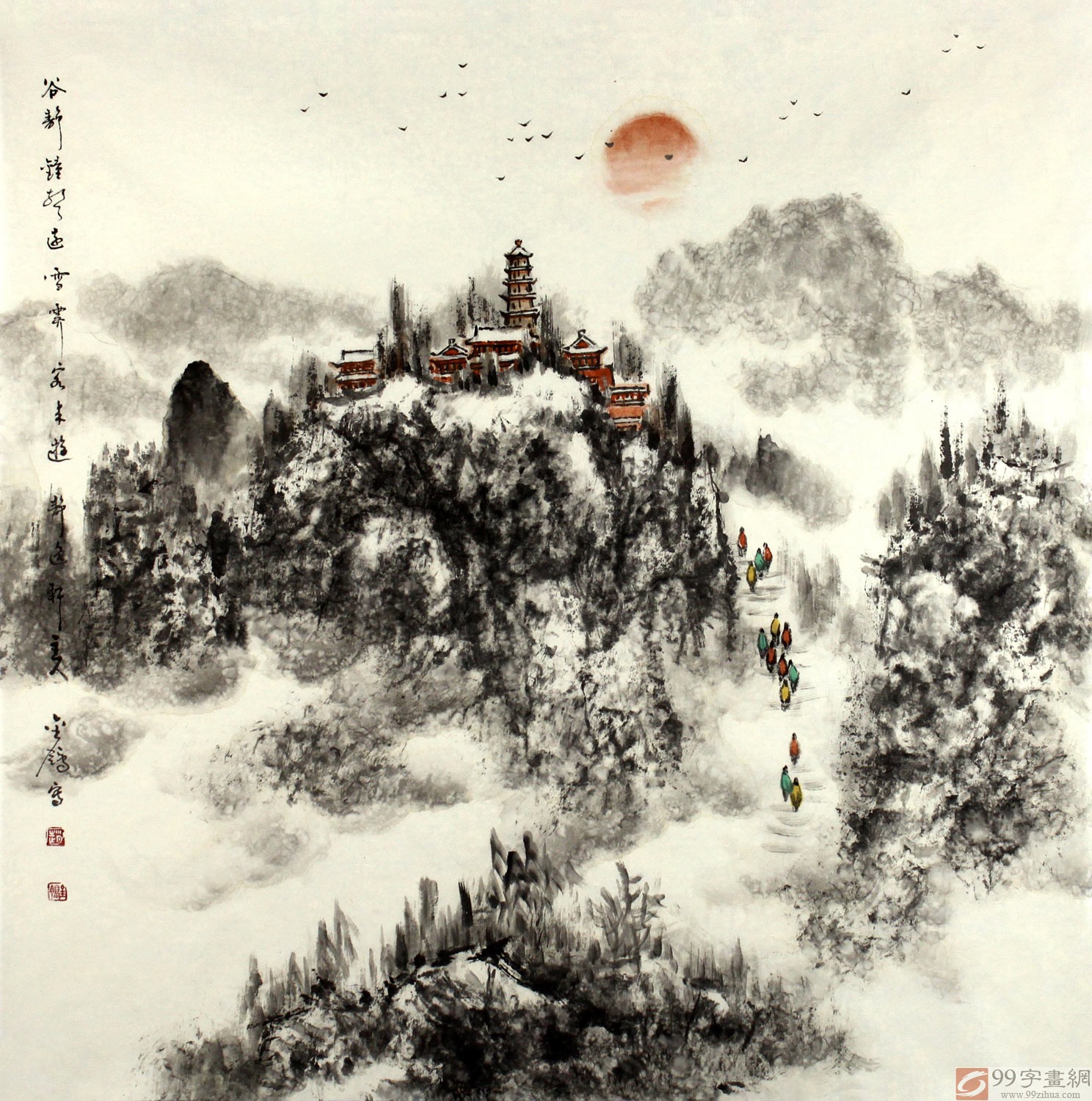 水墨名家赵金鸰太行雪村系列四尺斗方《谷静钟声远》 - 写意山水画- 99