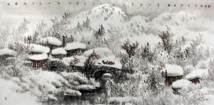 名家赵金鸰太行雪村系列之四尺《朝雾渐消现山村》(询价)