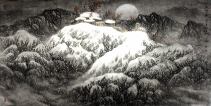 水墨名家赵金鸰太行雪村系列四尺山水画《元宵夜》