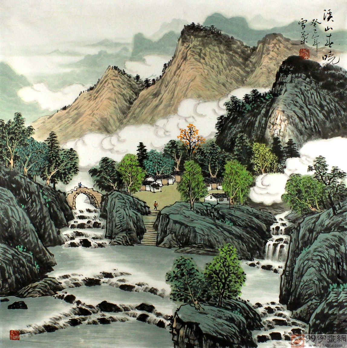 sk安徽美协何华贤四尺斗方山水画《溪山春晓》