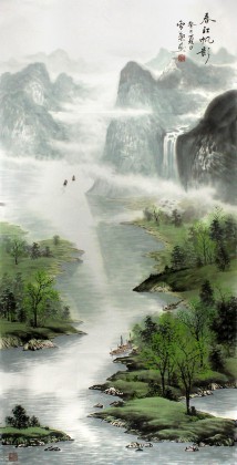 安徽美协何华贤四尺青绿山水画《春江帆影》