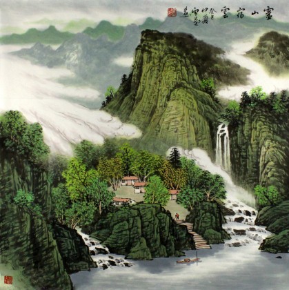 安徽美协何华贤四尺斗方青绿山水画《灵山宿云》