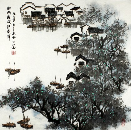 【已售】北京美协张春奇四尺斗方山水画《细雨轻梳江南情》