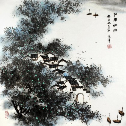 水墨国画《江南细雨》