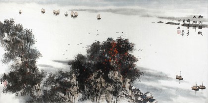 QA北京美协张春奇四尺写意山水画《细雨轻梳太湖情》