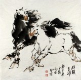 SK河南美协王向阳四尺斗方国画马《双骏呈祥》(询价)