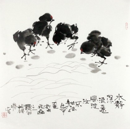 SK石缘斋主李胜春三尺斗方群鸡图《风波汝不知》