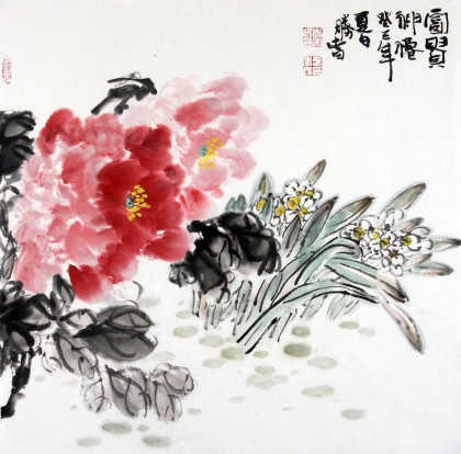 SK石缘斋主李胜春三尺斗方写意牡丹画《富贵神仙》