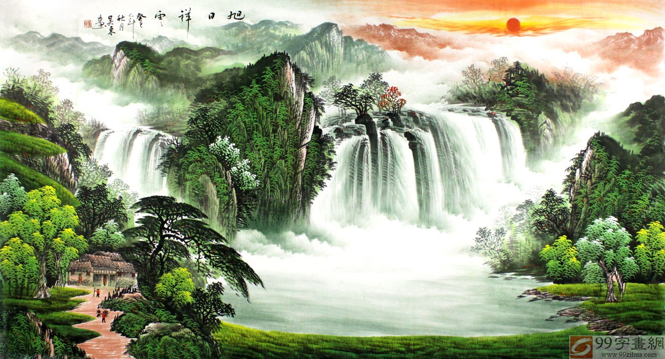 聚宝盆山水旺财画!——客厅沙发背景墙挂画!_太白童子