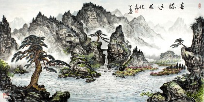 SK名家蒲家瑞四尺迎客松山水画《春流远长》