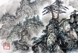 G名家蒲家瑞四尺峭壁横桥写意山水《春山烟晓》