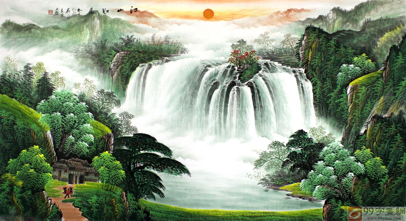 客厅青山绿水聚宝盆 - 聚宝盆山水画 - 99字画网